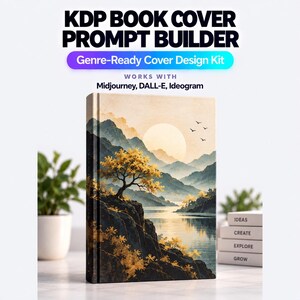 May include: A KDP Book Cover Prompt Builder kit featuring a book with a landscape illustration of mountains, a lake, and golden trees under a large sun. The text reads KDP BOOK COVER PROMPT BUILDER, Genre-Ready Cover Design Kit, WORKS WITH Midjourney, DALL-E, Ideogram, and IDEAS CREATE EXPLORE GROW.