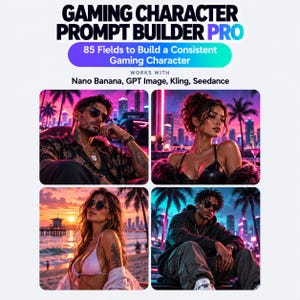 Pode incluir: Um gráfico digital intitulado GAMING CHARACTER PROMPT BUILDER PRO com o texto 85 Fields to Build a Consistent Gaming Character e WORKS WITH Nano Banana, GPT Image, Kling, Seedance, apresentando quatro retratos de personagens gerados por IA.