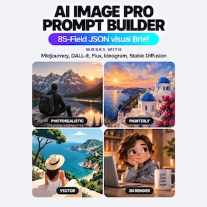 May include: AI IMAGE PRO PROMPT BUILDER 85-Field JSON visual Brief WORKS WITH Midjourney, DALL-E, Flux, Ideogram, Stable Diffusion. Four image examples labeled PHOTOREALISTIC, PAINTERLY, VECTOR, and 3D RENDER showing diverse artistic styles.