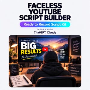 May include: A digital product titled Faceless YouTube Script Builder featuring a monitor displaying a mountain landscape with the text Simple Ideas Big Results No Face Needed. Includes a notepad with a checklist and a mug with text.