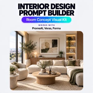 May include: Interior Design Prompt Builder Room Concept Visual Kit works with PromeAI, Veras, Forma. A living room features a beige sectional sofa, a round wooden coffee table, a textured rug, a lounge chair, and a wall-mounted shelving unit.