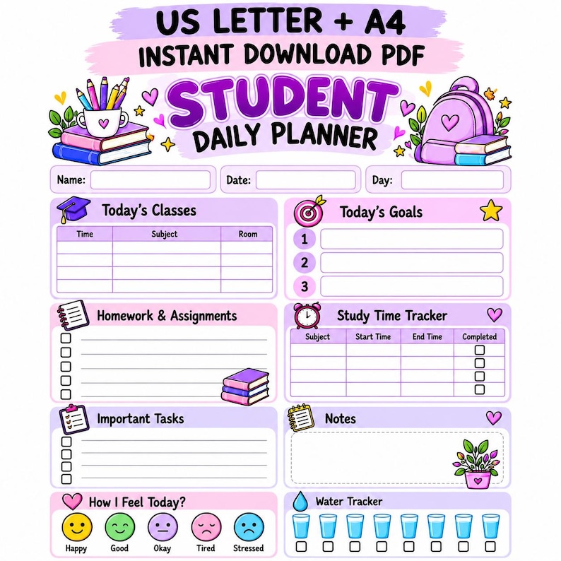 Student Daily Planner Printable for Kids | School Study & Homework ...
