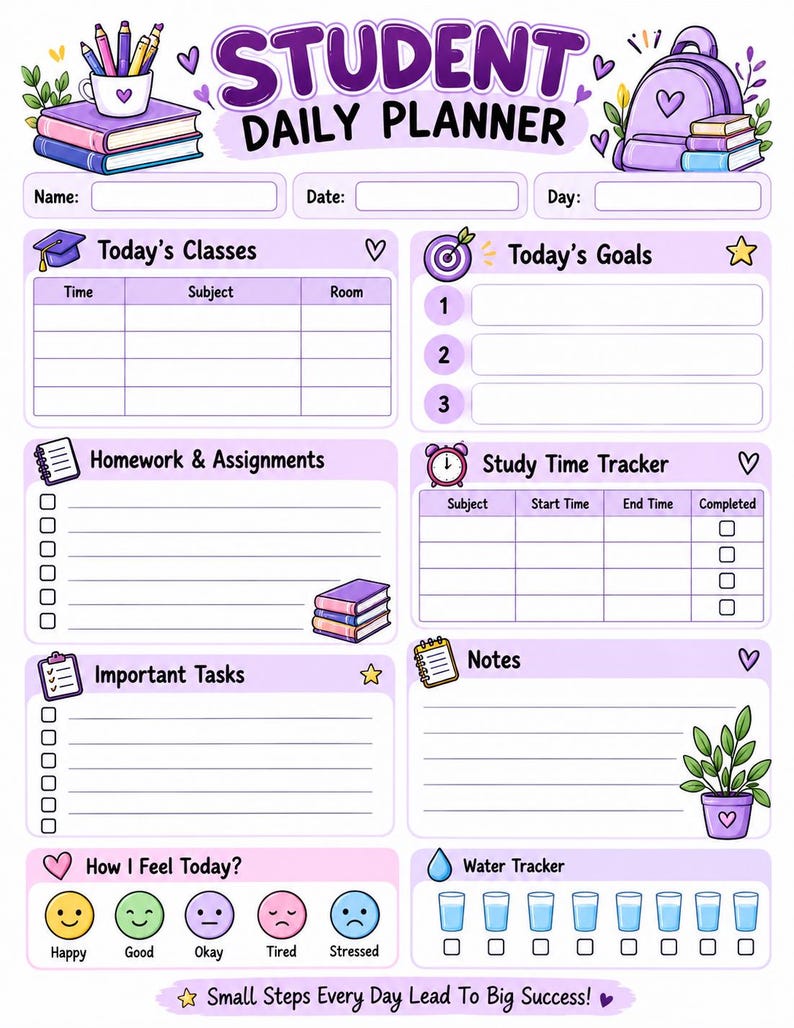 Student Daily Planner Printable for Kids | School Study & Homework ...