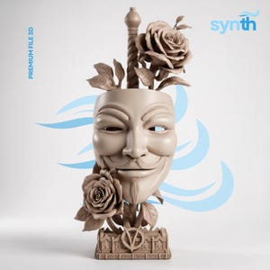 May include: A light brown 3D sculpture featuring a Guy Fawkes mask integrated with a sword handle and two blooming roses. The base displays a V symbol. Text on the image includes PREMIUM FILE 3D and the word synth in blue lettering.