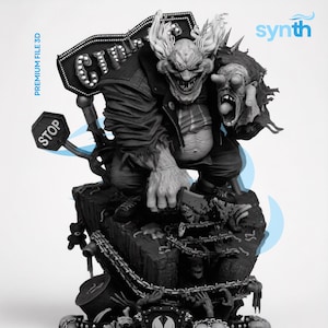 Puede incluir: Una figura 3D en blanco y negro de un payaso amenazante con chaqueta, sosteniendo un cuchillo grande y una cabeza cortada. La base presenta cadenas, calaveras y una señal de stop. El texto incluye "PREMIUM FILE 3D" y "synth" en azul.
