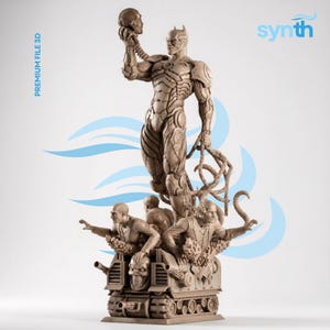 May include: A tan-coloured 3D printed figurine featuring a central armoured character holding a skull aloft. The base consists of a tank-like vehicle with three figures emerging from the top, accompanied by the text PREMIUM FILE 3D and synth.