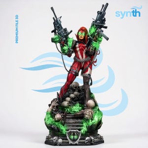 Puede incluir: Una figura 3D detallada de un personaje pelirrojo con traje rojo y blanco, que lleva gafas verdes y sostiene dos grandes rifles negros. El personaje se alza sobre una base decorada con calaveras y llamas verdes, con el texto "synth" y "PREMIUM FILE 3D".