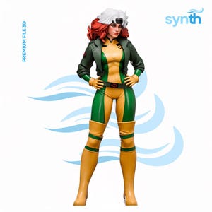 May include: A 3D figurine of a character with red hair and a white streak, wearing a green jacket over a yellow and green bodysuit with matching gloves and boots. The figure has a belt with an X-shaped buckle. Text reads PREMIUM FILE 3D and synth.