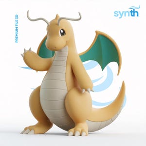 Puede incluir: Un modelo digital 3D de una criatura dragón bípeda con piel bronceada, vientre color crema y alas color verde azulado. La criatura tiene dos antenas largas, tres garras en cada mano y pie, y una cola gruesa. El texto dice PREMIUM FILE 3D y synth.