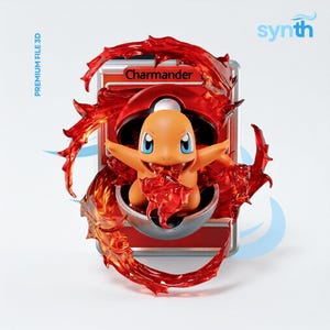 Peut inclure: Une figurine 3D de la créature orange Salamèche émergeant d'une Poké Ball rouge et blanche, entourée d'effets de flammes rouges translucides. Derrière la figurine se trouve une carte rectangulaire avec le texte Charmander. Texte PREMIUM FILE 3D.