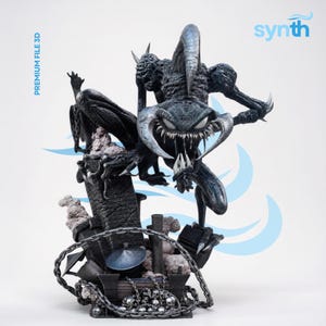 Puede incluir: Una figura de criatura oscura y texturizada con garras afiladas, grandes ojos blancos y una amplia sonrisa dentada, posada sobre una estructura de ladrillo en ruinas con cadenas y calaveras. El texto "PREMIUM FILE 3D" y "synth" es visible.