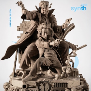 Könnte beinhalten: Eine monochrome braune 3D-gedruckte Skulptur mit zwei Figuren in Trenchcoats, die Schusswaffen halten. Eine Figur steht, während die andere kniet, beide auf einem detaillierten Sockel mit Totenkopf-Akzenten. Der Text PREMIUM FILE 3D und synth ist sichtbar.