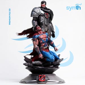 May include: A detailed 3D printed statue featuring a kneeling, battle-damaged superhero in a blue and red suit positioned beneath a standing, armored figure with glowing red eyes. The base is dark and rocky, featuring the text PREMIUM FILE 3D and synth.