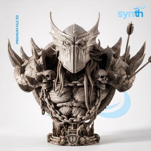 Könnte beinhalten: Eine monochrome 3D-Büste einer muskulösen Kriegerfigur mit gehörntem Helm, stacheliger Schulterpanzerung und Ketten, die mit zwei Totenköpfen über der Brust drapiert sind. Die Figur hat langes Haar und einen Pfeil, der aus dem Rücken ragt. Text: PREMIUM FILE 3D und synth.