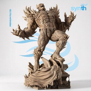May include: A brown, highly detailed 3D printed figurine of a muscular, monstrous creature with sharp spikes and claws, standing on a base with draped fabric textures. The text "PREMIUM FILE 3D" and "synth" are visible in blue on the image.