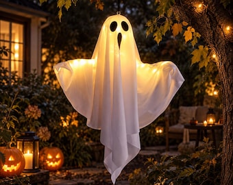 Light Up Halloween Ghost Decoration, Hanging Ghost Lantern, Outdoor Garden Decor, Spooky Halloween Yard Decoration, Haunted House Decor