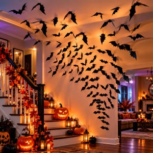 May include: A collection of black bat-shaped wall decals arranged in a swirling pattern across a light-coloured wall, accompanied by several orange jack-o'-lanterns with carved faces and lit candles placed on the steps of a staircase.
