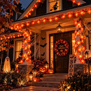 May include: A house exterior decorated for Halloween with orange maple leaf string lights, a wreath with the text Happy Halloween, a wooden sign with the word BOO, jack-o'-lanterns, lanterns, a ghost figure, and spider web accents.