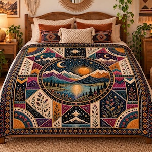 Könnte beinhalten: Eine Steppdecke mit einem zentralen kreisförmigen Design aus Sonne, Mond und Berglandschaft über einem See. Der Rand zeigt geometrische Muster, florale Motive und Sterne in einer lebendigen Farbpalette aus Dunkelblau, Orange und Violett.