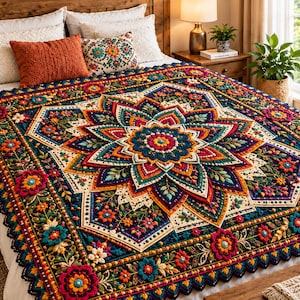 May include: A crochet blanket featuring a large, intricate central mandala pattern in vibrant shades of deep blue, orange, red, and teal. The design includes raised floral motifs, textured stitches, and a scalloped border with small flowers.