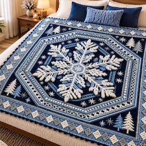 May include: A square crochet blanket featuring a large, central white and light blue snowflake motif. The dark blue background is decorated with smaller white snowflakes and pine tree patterns, framed by a border of white and gray diamonds.