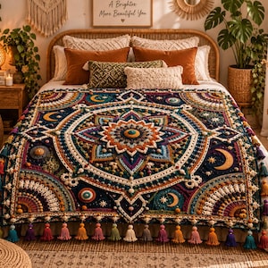 Puede incluir: Una manta de ganchillo rectangular grande con un complejo patrón de mandala en azul marino, naranja, verde azulado y crema. El diseño incluye motivos celestiales de lunas y estrellas, puntos texturizados y un borde con borlas coloridas.