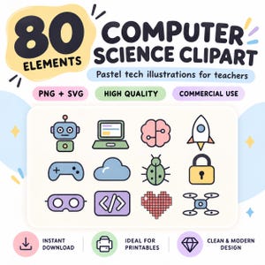 Puede incluir: Una colección digital de 80 elementos de clipart de informática con ilustraciones tecnológicas en tonos pastel. Los iconos incluyen un robot, portátil, cerebro, cohete, mando de juego, nube, bicho, candado, gafas VR, código, corazón de píxeles y un dron.