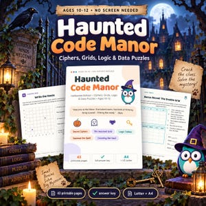 May include: A Haunted Code Manor activity book set for ages 10-12 featuring ciphers, grids, logic, and data puzzles. The set includes 43 printable pages, an answer key, and is available in A4 and US Letter sizes for offline mystery solving.