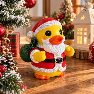 Pode incluir: Uma figura de pato de borracha amarelo vestido de Pai Natal, com um gorro vermelho com rebordo branco, um casaco vermelho com cinto preto e fivela dourada e uma barba branca. O pato carrega um saco verde nas costas e tem pés e bico laranja.