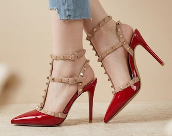 Studded Pointed Toe Stiletto Heels | Strappy Party Dress Sandals