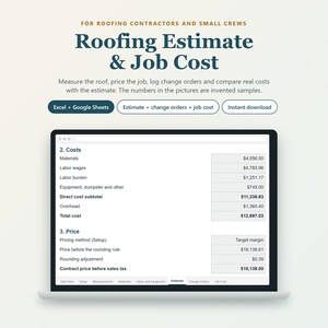 Spreadsheet voor dakberekening en kostenraming, sjabloon voor offerte van dakdekker, materiaallijst, wijzigingslogboek, Excel Google Sheets