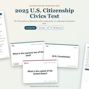 Könnte beinhalten: Ein 2025 U.S. Citizenship Civics Test Lernset mit druckbarem PDF, 128 Lernkarten und einem Fortschritts-Tracker. Die Materialien enthalten einen Studienführer, einen 4-Wochen-Plan und Übungstests in den Formaten US Letter und A4 zur Prüfungsvorbereitung.
