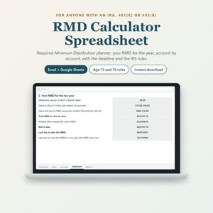 May include: A digital RMD Calculator Spreadsheet for IRA, 401(k), or 403(b) accounts. The screen displays a dashboard with tax year distribution data, including RMD totals, deadlines, and IRS rules for ages 73 and 75, compatible with Excel and Google Sheets.