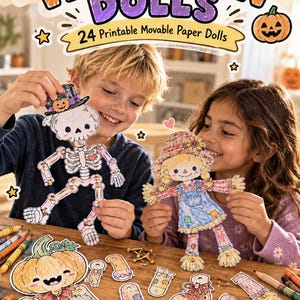 Può includere: Un kit Make Your Own Halloween Dolls con 24 bambole di carta articolate da stampare. Il set include figure illustrate come uno scheletro e uno spaventapasseri, fermagli metallici per le articolazioni e il testo Color, Cut & Make Them Move!