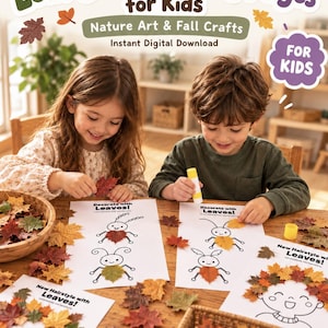 Könnte beinhalten: Ein Set aus 31 druckbaren Bastelseiten mit Blättern für Kinder, die Naturkunst und Herbstbasteleien zeigen. Die Seiten enthalten schwarz-weiße Illustrationen mit Texten wie Decorate with Leaves und New Hairstyle with Leaves sowie Symbole zum Ausmalen, Schneiden, Kleben, Basteln und Spielen.