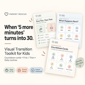 Può includere: Un kit di strumenti di transizione visiva per bambini con tre schede didattiche Parent Rescue. Le schede mostrano sequenze Prima/Dopo, un vocabolario condiviso per le transizioni e schede per il conto alla rovescia da 1 a 10 minuti.