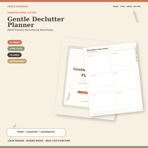 Puede incluir: Un planificador digital titulado Gentle Declutter Planner con hojas de trabajo para organizar el hogar. El documento incluye 14 páginas, 6 archivos PDF, campos rellenables e hipervínculos. Muestra una página titulada Declutter one room con secciones.