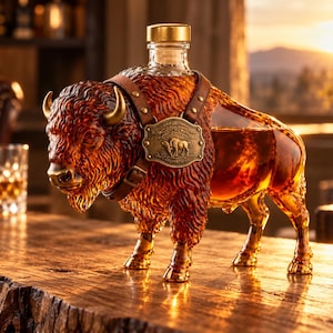 Bison glaskaraff med whisky, handgjord skulptural karaff, bourbon whisky-present, premium bardekoration