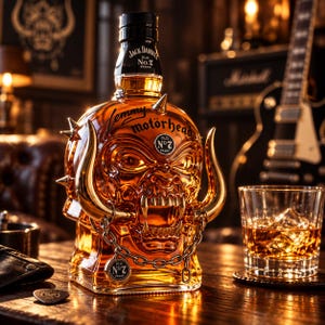 Peut inclure: Une bouteille en verre de whisky Jack Daniel's Old No. 7 en forme de créature à cornes avec des pointes métalliques, portant l'inscription Lemmy Motörhead, une chaîne métallique autour de la base et un verre de whisky avec des glaçons à côté.