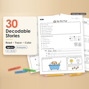 May include: A set of 30 decodable stories for children ages 4-6, featuring reading, tracing, and coloring activities. The pages include the story Zip the Pup, sight word practice, and comprehension questions, accompanied by colorful crayons.