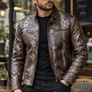 Herren-Lederjacke mit Pythonmuster, Biker-Motorradstil, Oberbekleidung aus echtem Leder, Maßanfertigung.