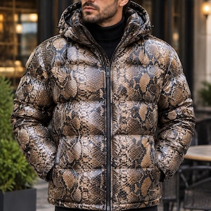 Men’s Python Print Leather Puffer Jacket, Quilted Winter Coat, Hooded Outerwear, Custom Made.