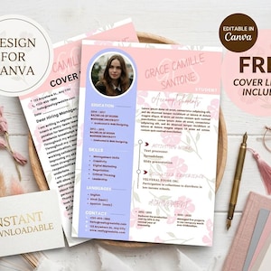 May include: A resume template featuring a light pink and lavender color scheme with floral accents. The document includes sections for education, skills, languages, and contact information, with a circular photo placeholder and text reading Design for Canva.