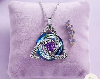 Celtic Trinity Knot Birthstone Necklace | Spiral Crystal Pendant | 12 Color Personalized Gift