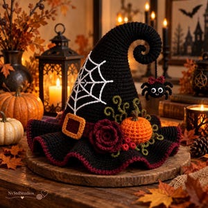 May include: A black crocheted witch hat featuring a white spiderweb pattern, a brown buckle, a dark red rose, green vines, and a small orange pumpkin. A black spider with a red bow hangs from the curled tip of the hat, which has a wavy brim.