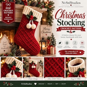 May include: A red crochet Christmas stocking with a cream-coloured ribbed cuff, decorated with green leaves and red berries. The pattern features a textured diamond stitch. The image includes text for a PDF crochet pattern by NvStdStudios.
