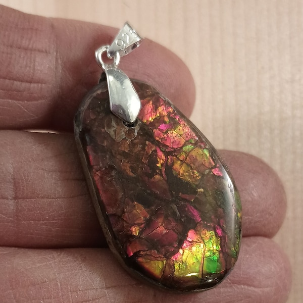 Canadain Ammolite Cabochon sterling Pendant Bright red Loose Stone,Natural necklace.