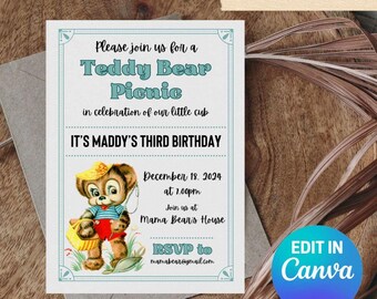 Teddybär Picknick-Einladung * Geburtstag//Baby Party * Digitale Vorlage * Sofort Download