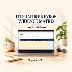May include: A laptop displaying an Excel workbook titled Literature Review Evidence Matrix. The spreadsheet features columns for Source ID, Primary theme, Research question, Findings, Quotes, Page locator, Limitations, and Next action. OrganiseOffice text.