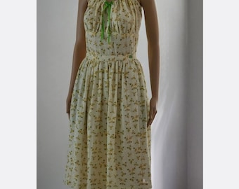 40s Style Playsuit: Yellow Floral Cotton Gauze Romper with Skirt - Small